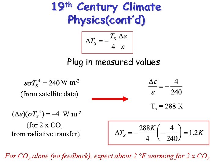 19 th Century Climate Physics(cont’d) Plug in measured values W m-2 (from satellite data)