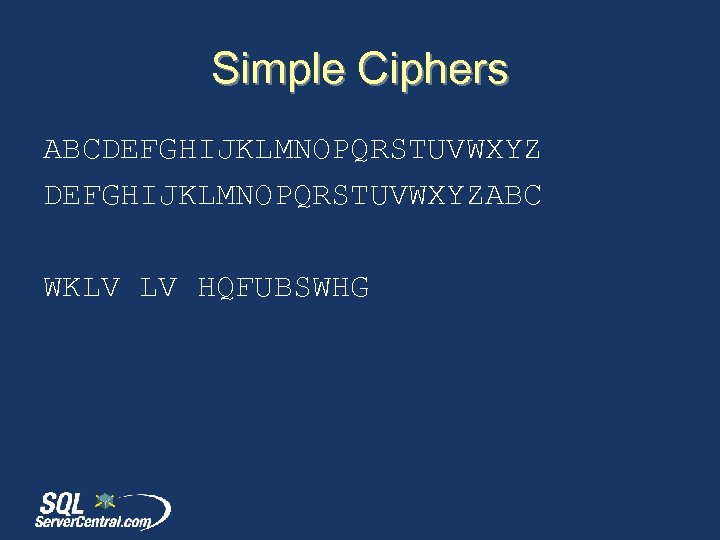 Simple Ciphers ABCDEFGHIJKLMNOPQRSTUVWXYZABC WKLV LV HQFUBSWHG 