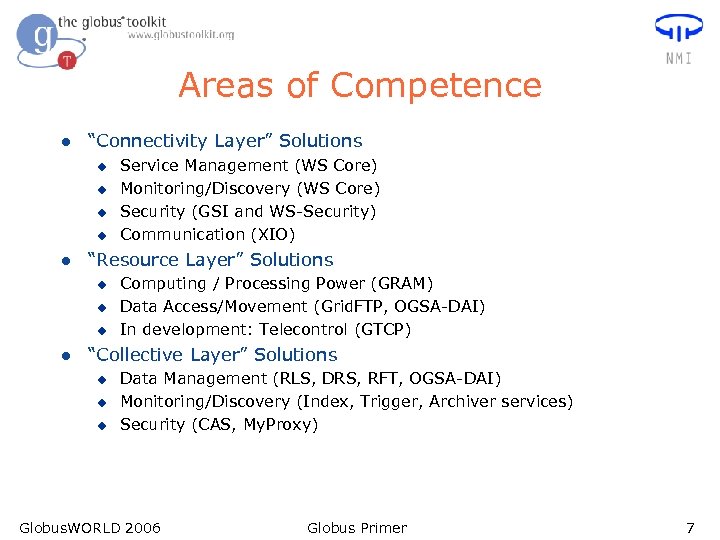 Areas of Competence l “Connectivity Layer” Solutions u u l “Resource Layer” Solutions u