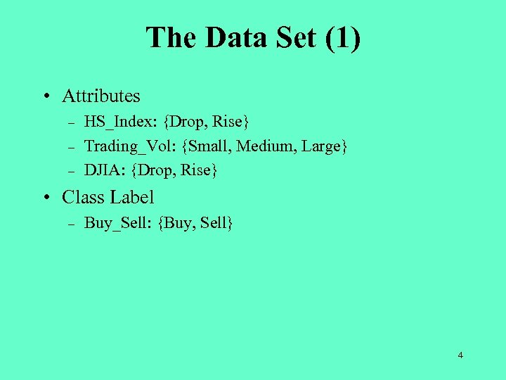 The Data Set (1) • Attributes – – – HS_Index: {Drop, Rise} Trading_Vol: {Small,