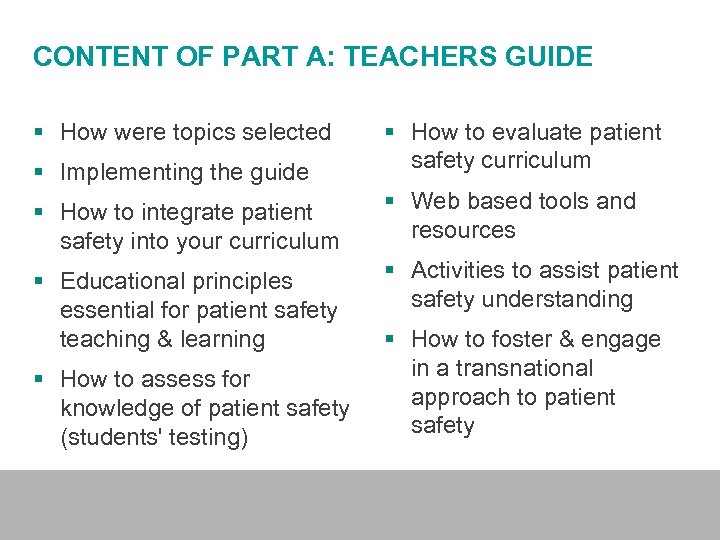 CONTENT OF PART A: TEACHERS GUIDE § How were topics selected § Implementing the