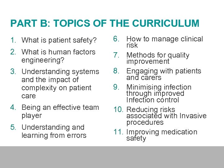 PART B: TOPICS OF THE CURRICULUM 1. What is patient safety? 2. What is