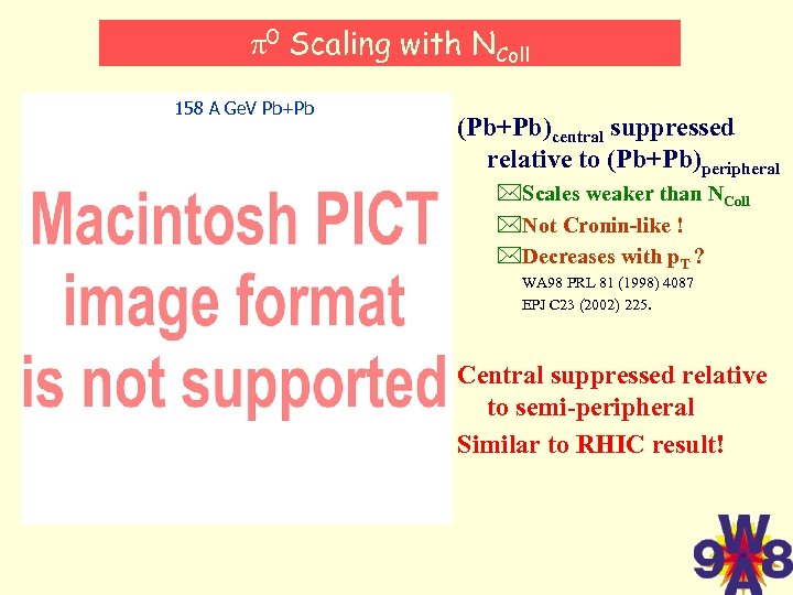 p 0 Scaling with NColl 158 A Ge. V Pb+Pb (Pb+Pb)central suppressed relative to