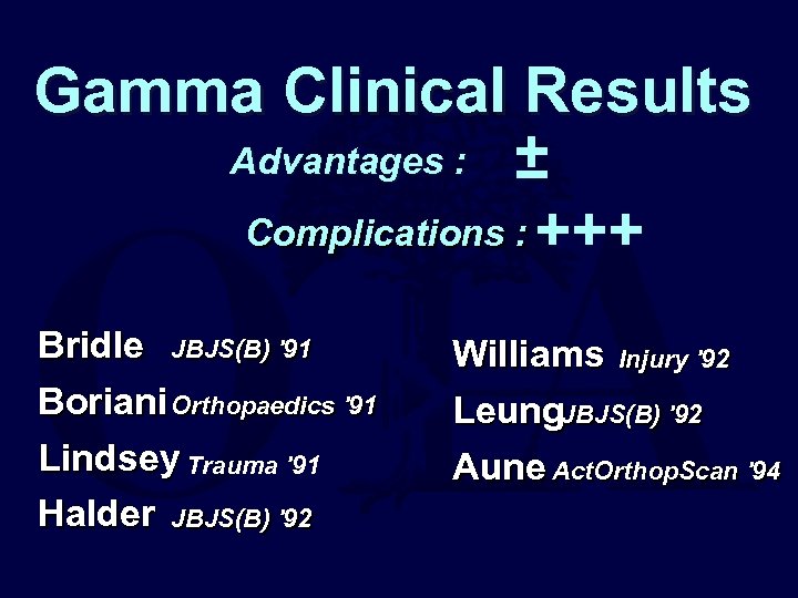 Gamma Clinical Results Advantages : ± Complications : +++ Bridle JBJS(B) '91 Boriani Orthopaedics