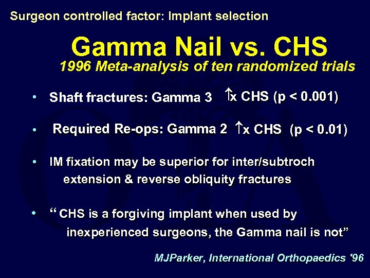 Surgeon controlled factor: Implant selection Gamma Nail vs. CHS 1996 Meta-analysis of ten randomized