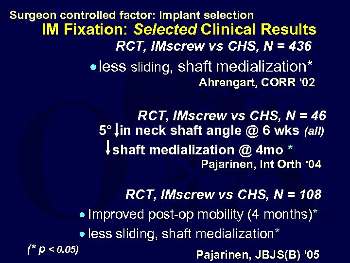 Surgeon controlled factor: Implant selection IM Fixation: Selected Clinical Results RCT, IMscrew vs CHS,