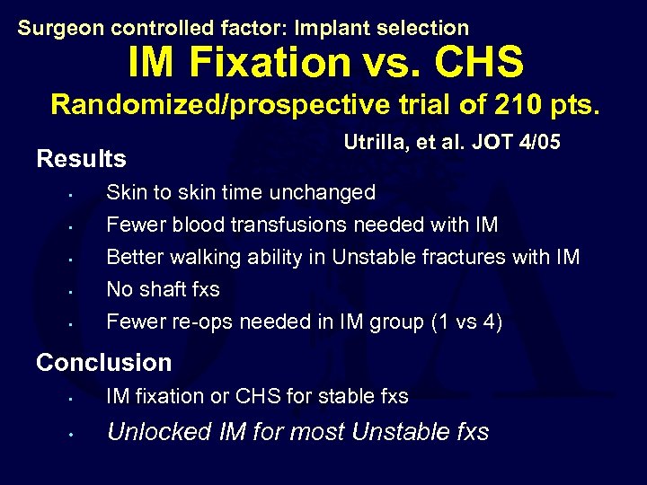 Surgeon controlled factor: Implant selection IM Fixation vs. CHS Randomized/prospective trial of 210 pts.