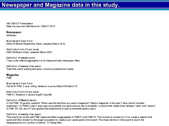 Newspaper and Magazine data in this study. IAB CMUST Presentation Data Sources and Definitions