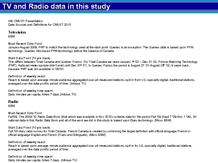 TV and Radio data in this study IAB CMUST Presentation Data Sources and Definitions