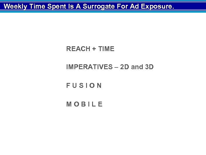 Weekly Time Spent Is A Surrogate For Ad Exposure. REACH + TIME IMPERATIVES –