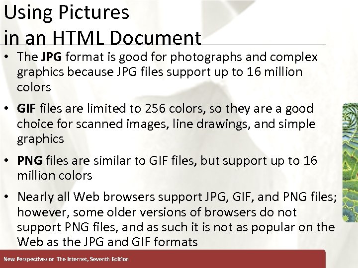 Using Pictures in an HTML Document XP • The JPG format is good for