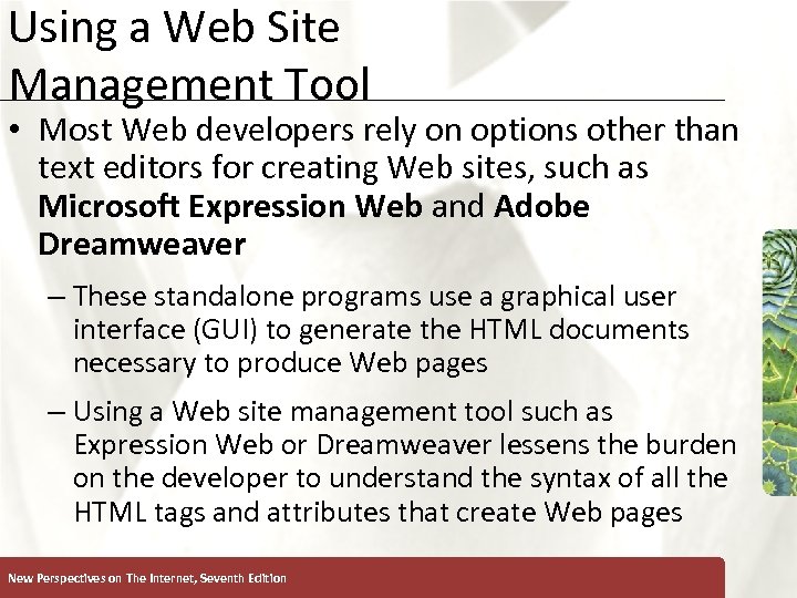 Using a Web Site Management Tool XP • Most Web developers rely on options