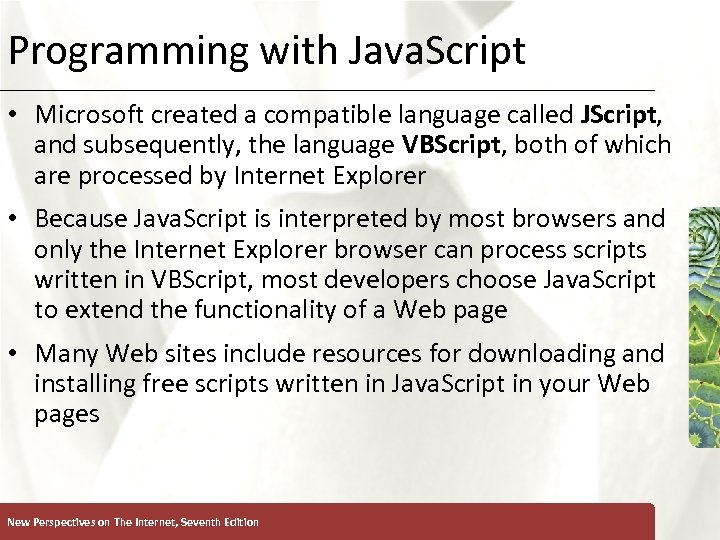 Programming with Java. Script XP • Microsoft created a compatible language called JScript, and