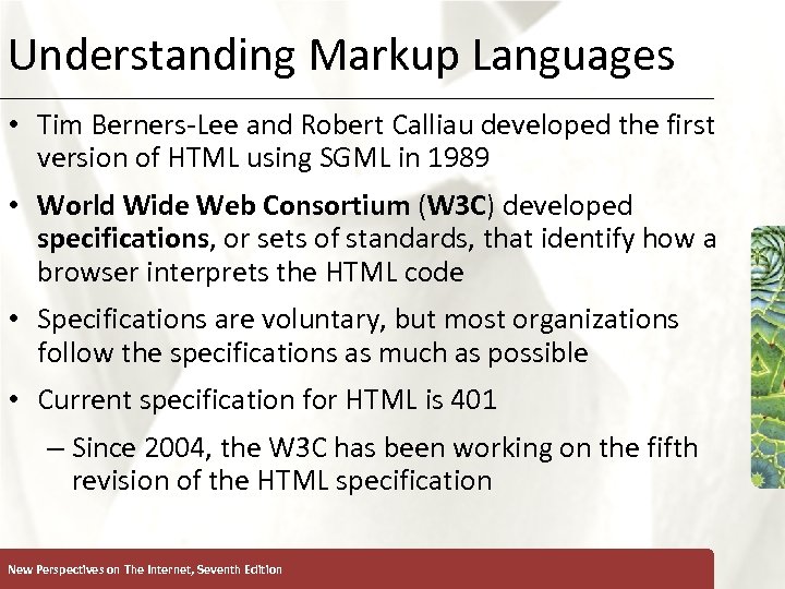 Understanding Markup Languages XP • Tim Berners-Lee and Robert Calliau developed the first version