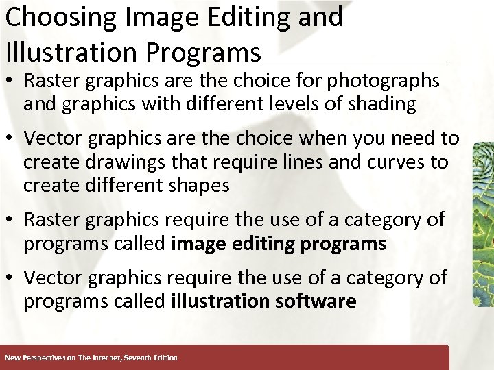 Choosing Image Editing and Illustration Programs XP • Raster graphics are the choice for