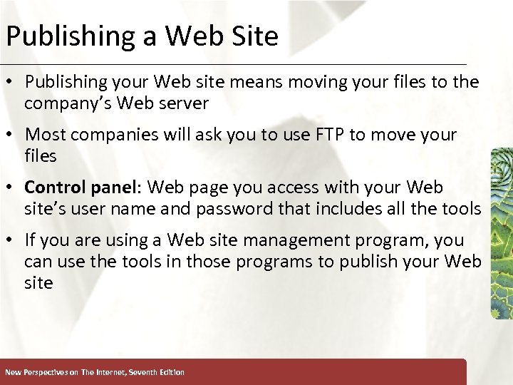 Publishing a Web Site XP • Publishing your Web site means moving your files