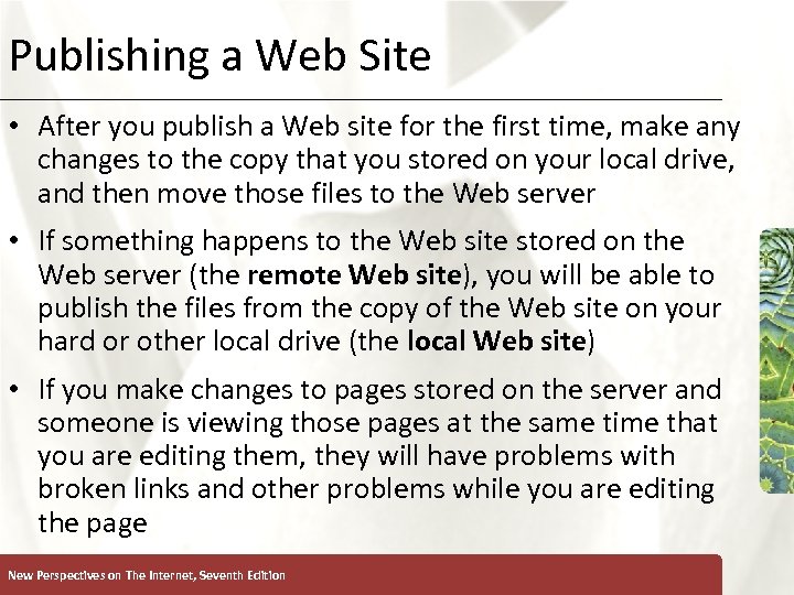 Publishing a Web Site XP • After you publish a Web site for the