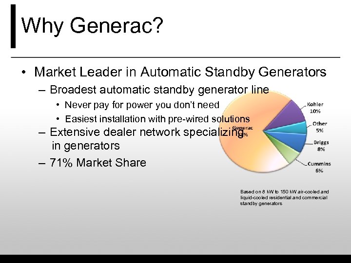 Why Generac? • Market Leader in Automatic Standby Generators – Broadest automatic standby generator
