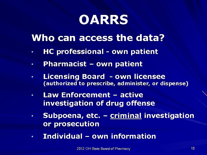 OARRS Who can access the data? • HC professional - own patient • Pharmacist