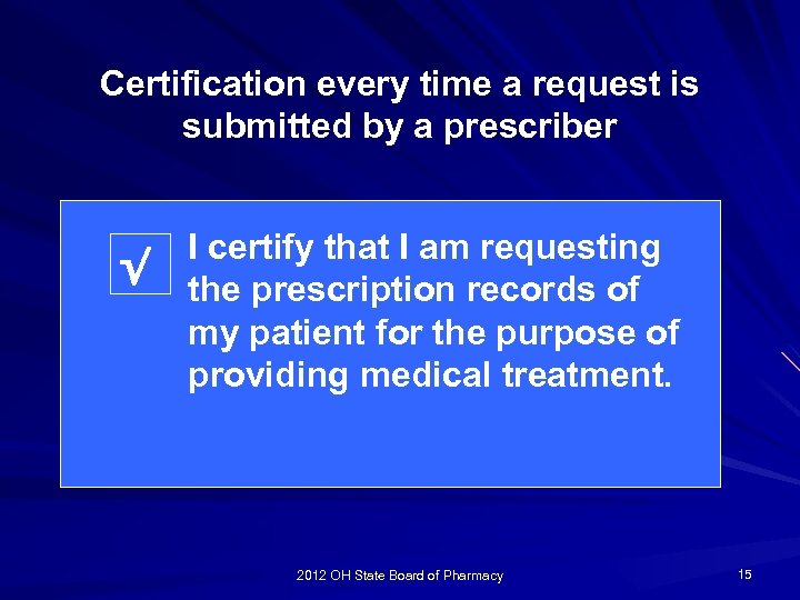 Certification every time a request is submitted by a prescriber √ I certify that