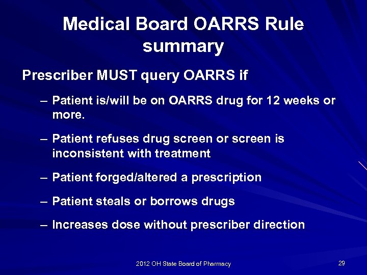 Medical Board OARRS Rule summary Prescriber MUST query OARRS if – Patient is/will be