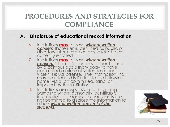 PROCEDURES AND STRATEGIES FOR COMPLIANCE A. Disclosure of educational record information 6. 7. 8.