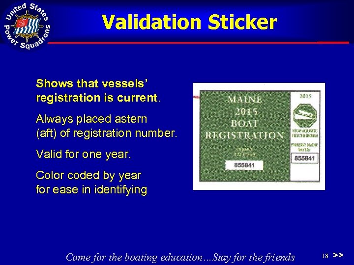 Validation Sticker Shows that vessels’ registration is current. Always placed astern (aft) of registration