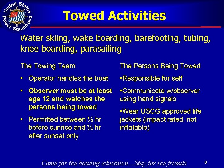 Towed Activities Water skiing, wake boarding, barefooting, tubing, knee boarding, parasailing The Towing Team