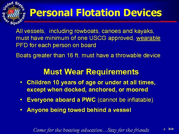 Personal Flotation Devices All vessels, including rowboats, canoes and kayaks, must have minimum of