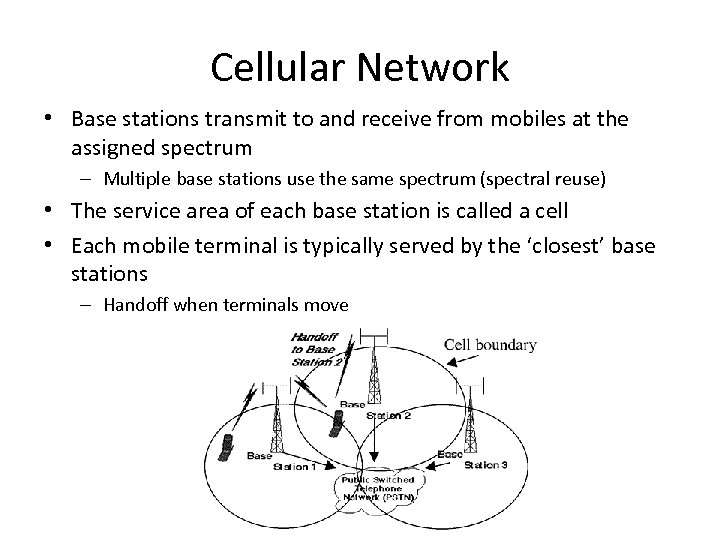 Cellular Network • Base stations transmit to and receive from mobiles at the assigned