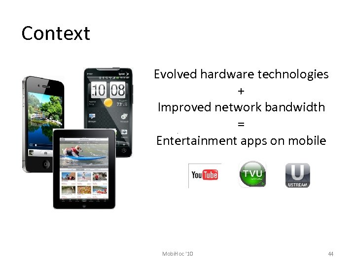 Context Evolved hardware technologies + Improved network bandwidth = Entertainment apps on mobile Mobi.