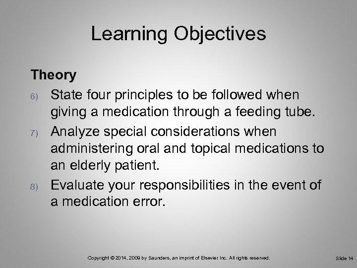 Learning Objectives Theory 6) State four principles to be followed when giving a medication