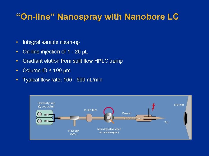 “On-line” Nanospray with Nanobore LC • Integral sample clean-up • On-line injection of 1