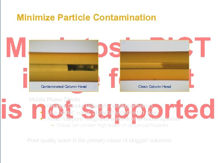 Minimize Particle Contamination Contaminated Column Head Clean Column Head Mobile Phase Stocks • Change