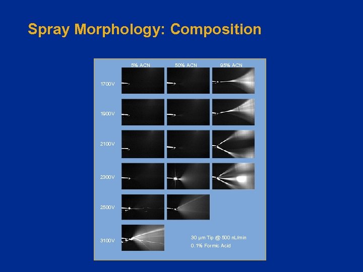 Spray Morphology: Composition 5% ACN 50% ACN 95% ACN 1700 V 1900 V 2100