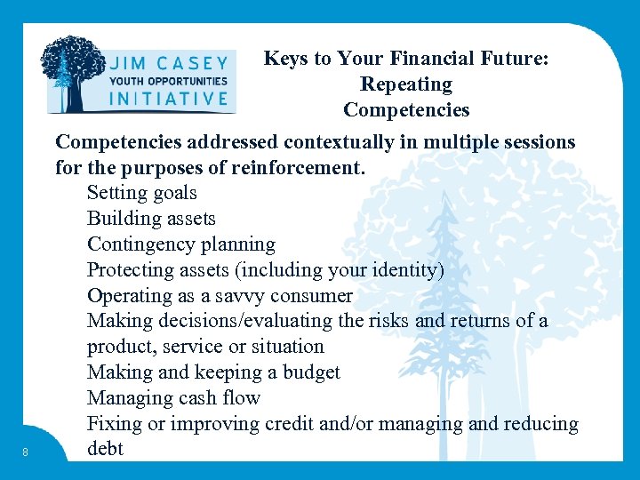 8 Keys to Your Financial Future: Repeating Competencies addressed contextually in multiple sessions for