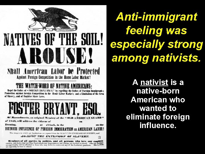 Anti-immigrant feeling was especially strong among nativists. A nativist is a native-born American who