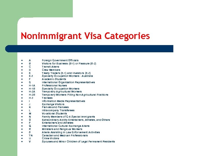 Nonimmigrant Visa Categories l l l l l l l A B C D