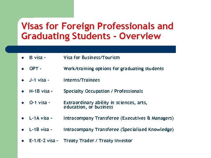 Visas for Foreign Professionals and Graduating Students - Overview l B visa - Visa