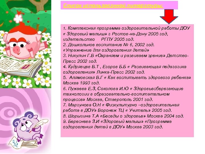 Список использованной литературы: 1. Комплексная программа оздоровительной работы ДОУ « Здоровый малыш» г Ростов-на-Дону