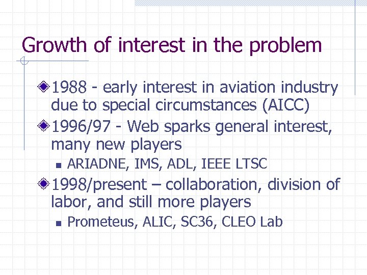 Growth of interest in the problem 1988 - early interest in aviation industry due