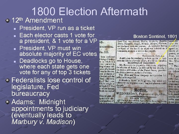 1800 Election Aftermath 12 th Amendment n n President, VP run as a ticket