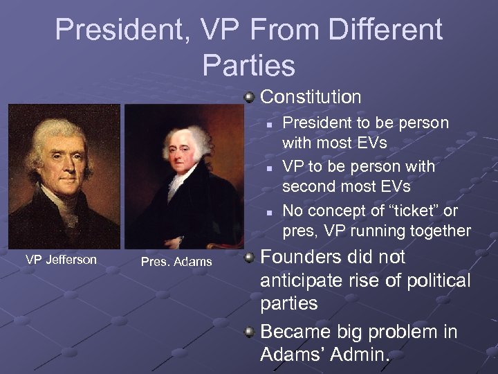 President, VP From Different Parties Constitution n VP Jefferson Pres. Adams President to be