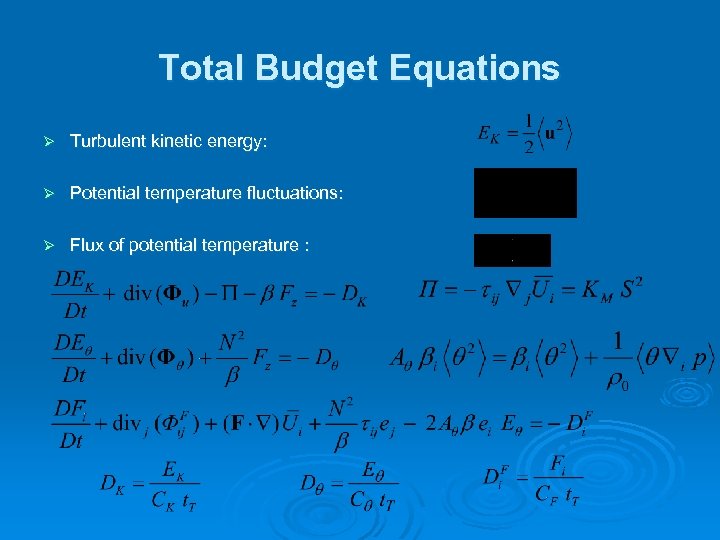 Total Budget Equations Ø Turbulent kinetic energy: Ø Potential temperature fluctuations: Ø Flux of