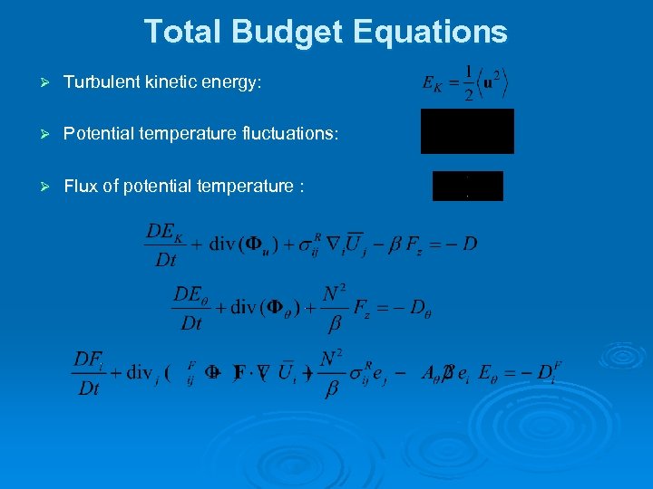 Total Budget Equations Ø Turbulent kinetic energy: Ø Potential temperature fluctuations: Ø Flux of