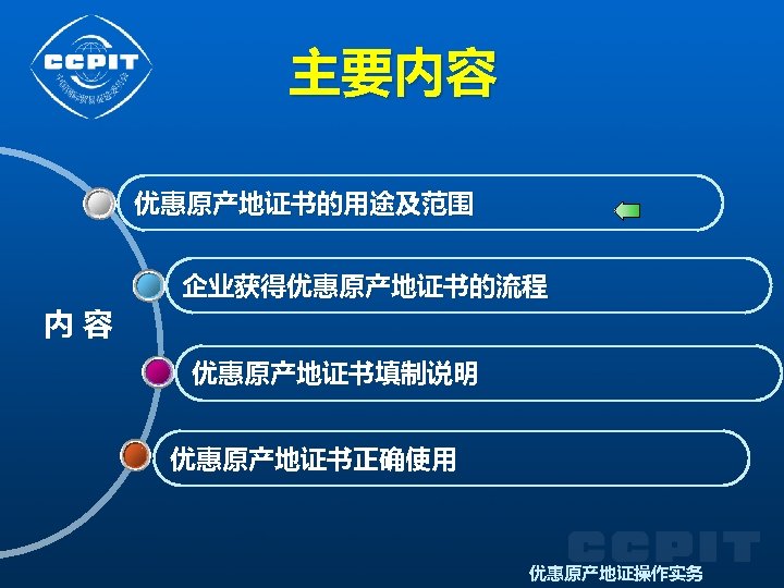 主要内容 优惠原产地证书的用途及范围 内 容 企业获得优惠原产地证书的流程 优惠原产地证书填制说明 优惠原产地证书正确使用 优惠原产地证操作实务 