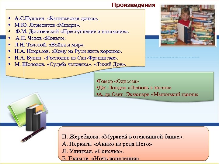 Произведения • А. С. Пушкин. «Капитанская дочка» . • М. Ю. Лермонтов «Мцыри» .