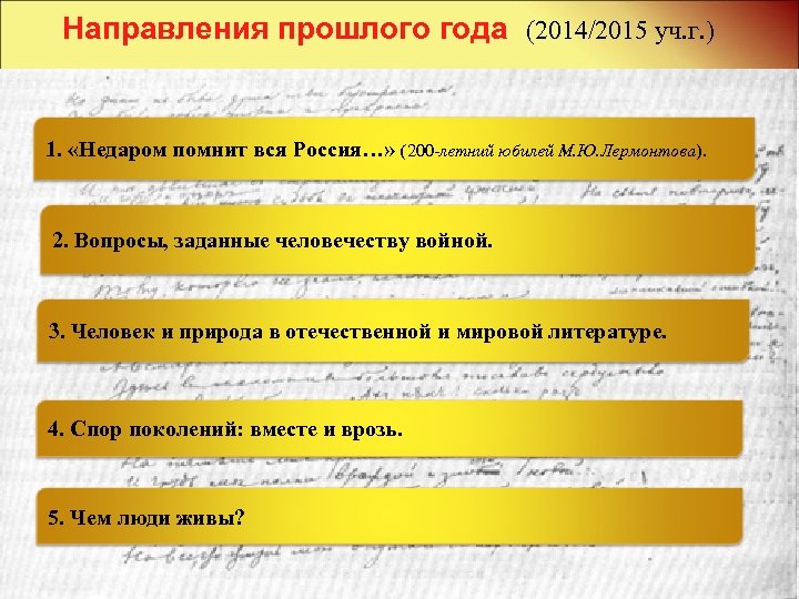 Направления прошлого года (2014/2015 уч. г. ) 1. «Недаром помнит вся Россия…» (200 -летний