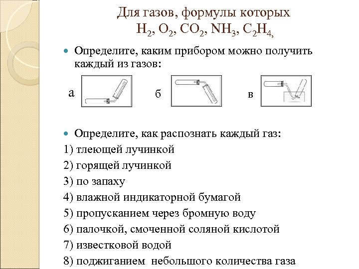 Для газов, формулы которых H 2, O 2, CO 2, NH 3, C 2
