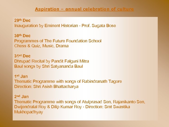 Aspiration – annual celebration of culture 29 th Dec Inauguration by Eminent Historian -